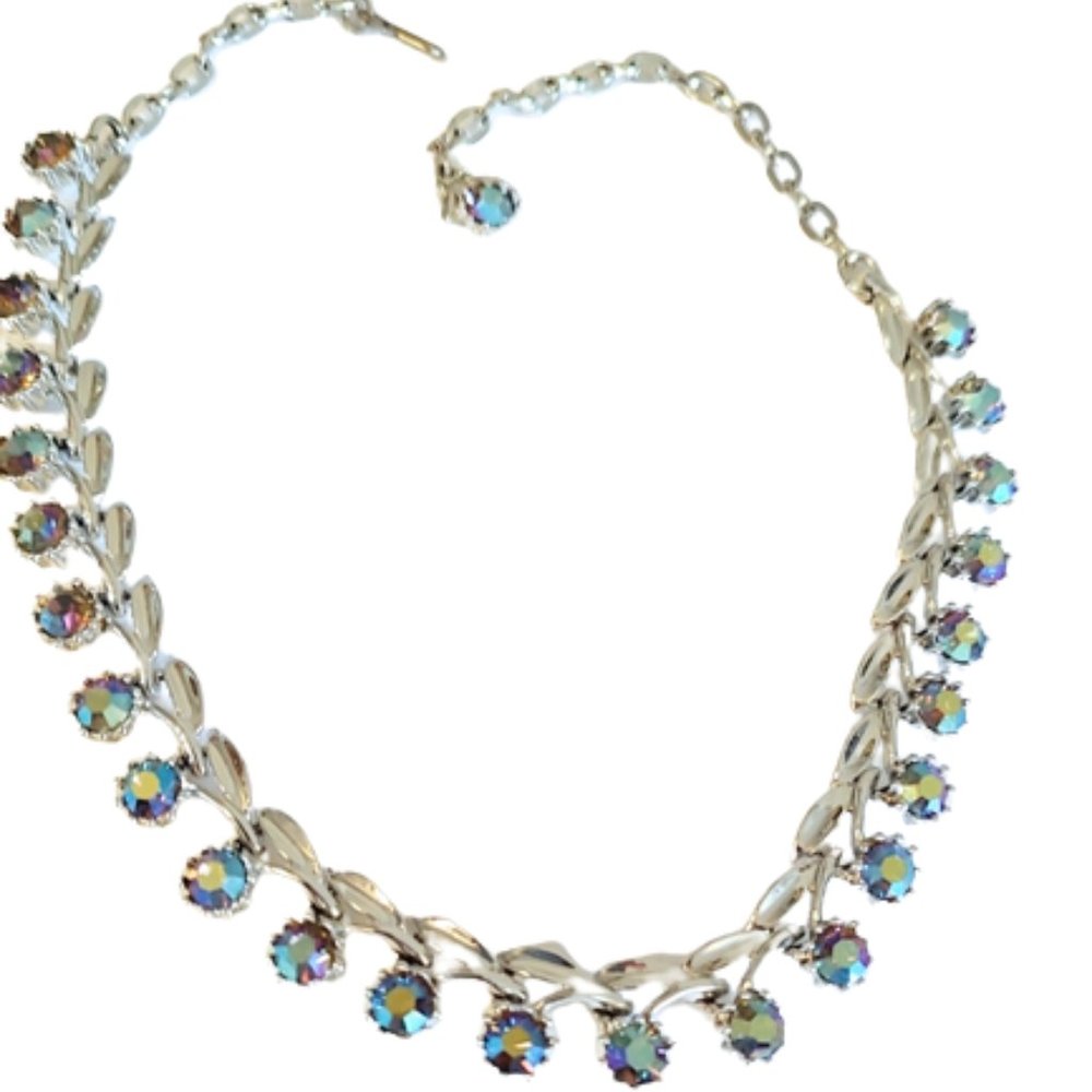 True Vintage 1960s Blue Glowing Aurora Borealis Rhinestones And Silver Necklace